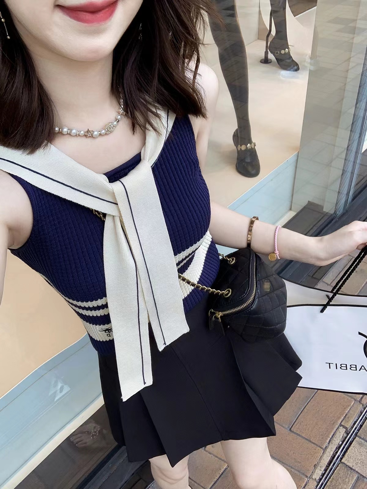 Fish and rabbit rabbit navy collar striped knitted vest for women 2025 summer new style short sleeveless top