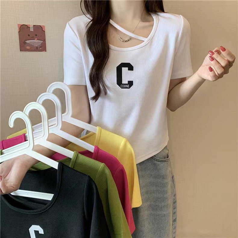 Real photo of irregular short-sleeved T-shirt for women in summer slim top