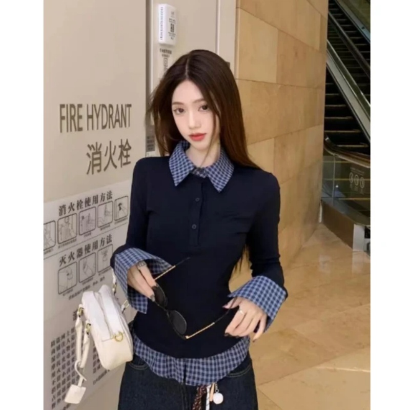 Women's designer fashion slimming top with 280g plush ribbed polo collar and two-piece base shirt