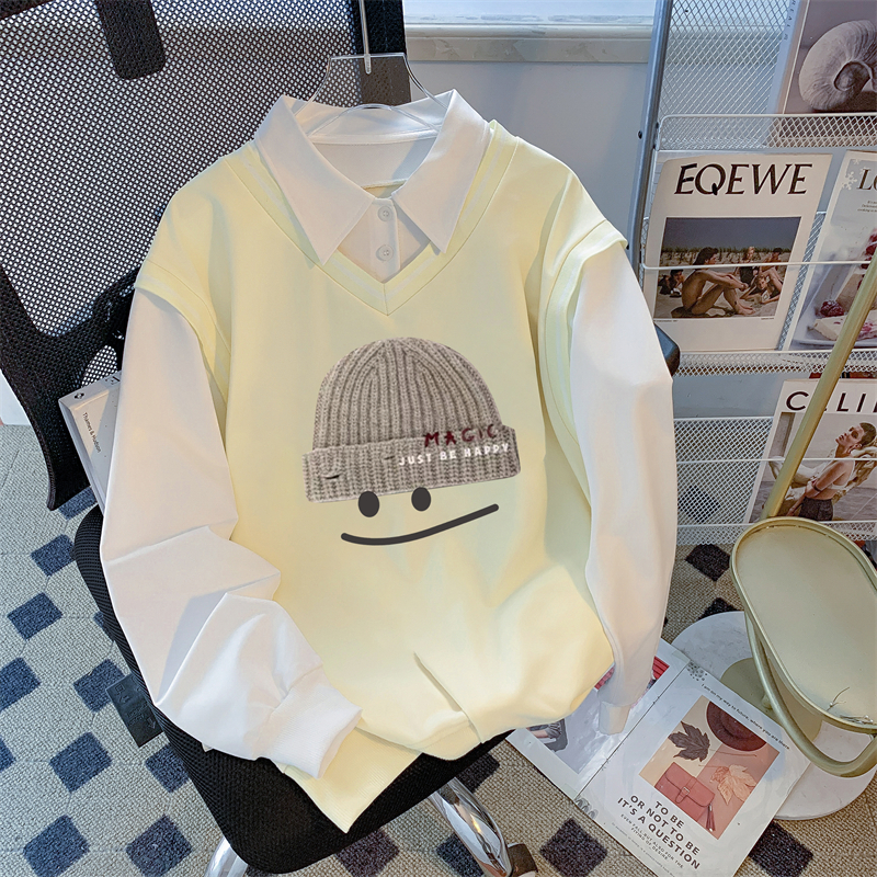 Real photo of the street back bag collar twill thin POLO collar sweatshirt for women cartoon long-sleeved jacket design top internet celebrity