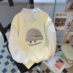 Real photo of the street back bag collar twill thin POLO collar sweatshirt for women cartoon long-sleeved jacket design top internet celebrity