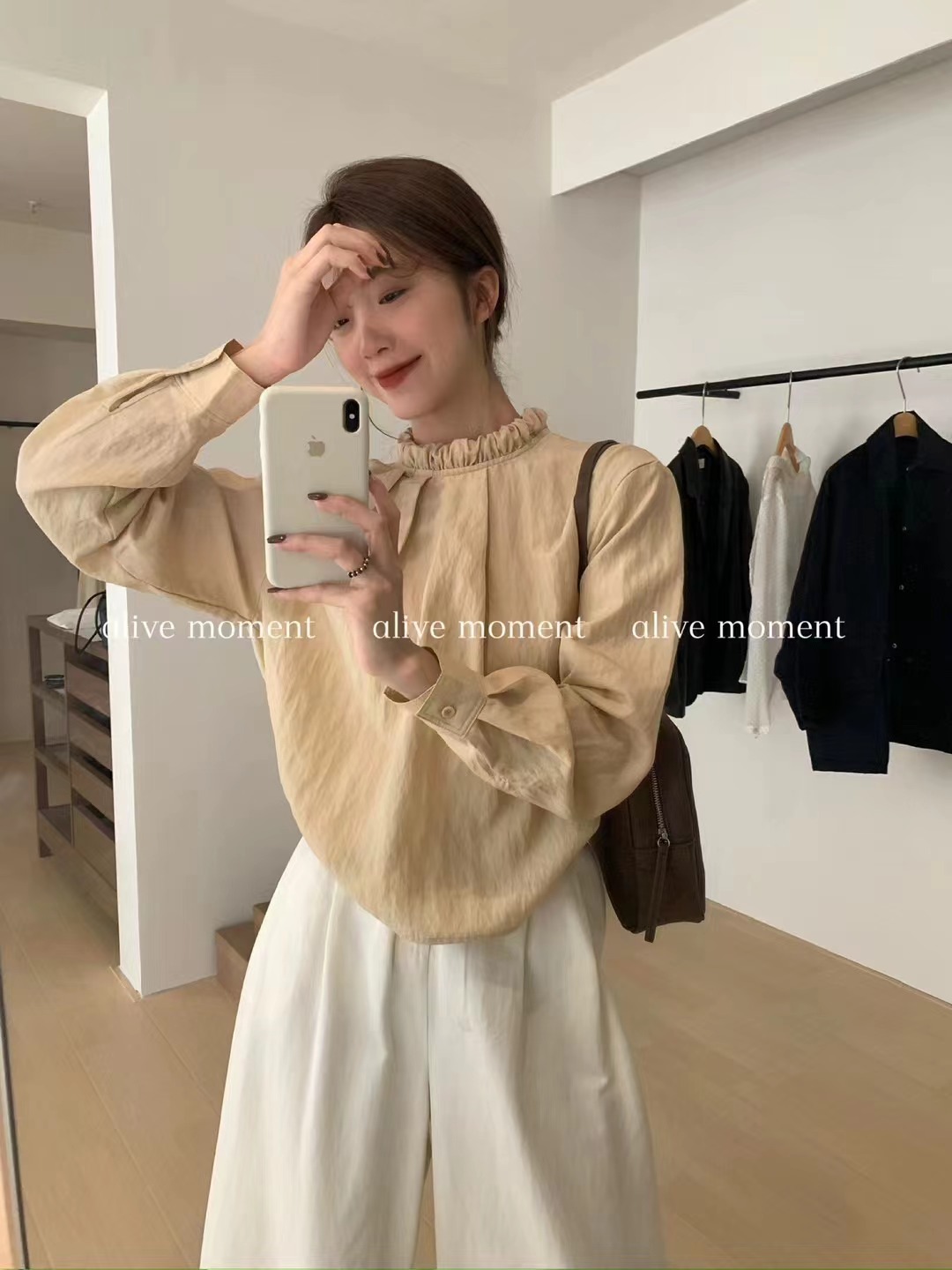 春季2025新款立領木耳邊純色綁帶長袖襯衫女寬鬆氣質短上衣