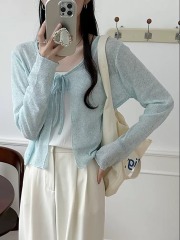 Summer Korean macaron thin transparent bow tie ice silk cool sunscreen air conditioner knitted cardigan