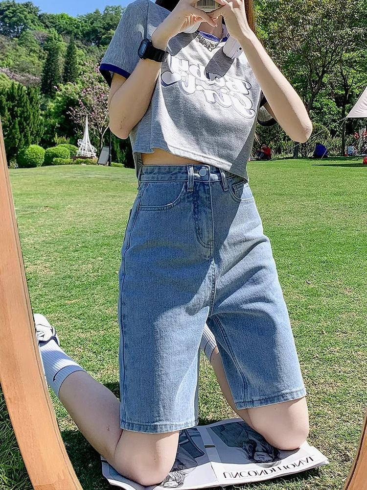 牛仔短褲女夏季薄款高腰寬鬆2025新款小個子顯瘦闊腿直筒五分中褲