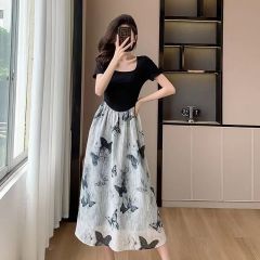 Original fabric + French style butterfly skirt spliced ​​black top fake two-piece small dress for women