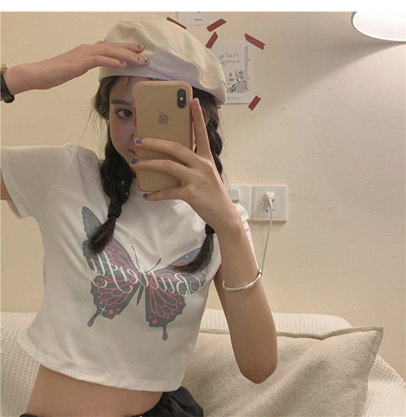 外貿夏季短T恤新款短款短袖韓版蝴蝶印花白色女學生修身顯瘦上衣