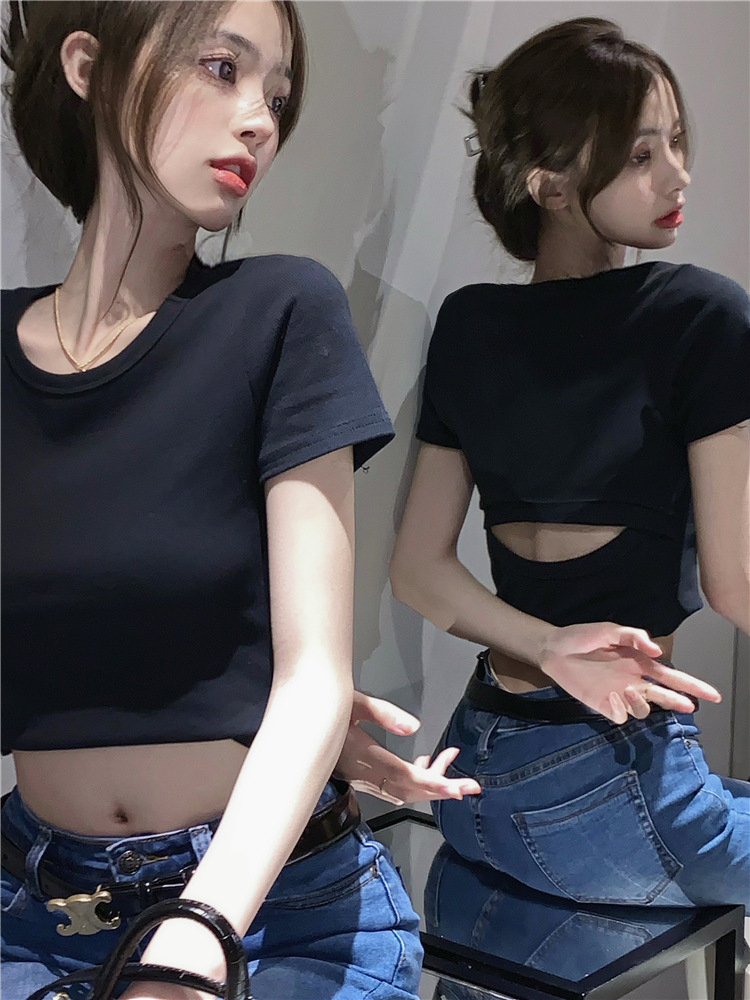 韓國外貿韓版新款短款上衣女夏季性感辣妹風露背純色短袖t恤女