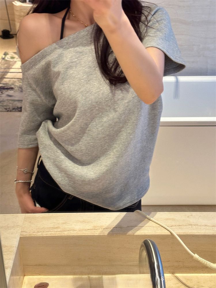 100% cotton lazy off-shoulder short-sleeved T-shirt pure cotton versatile loose casual irregular gray simple top ins