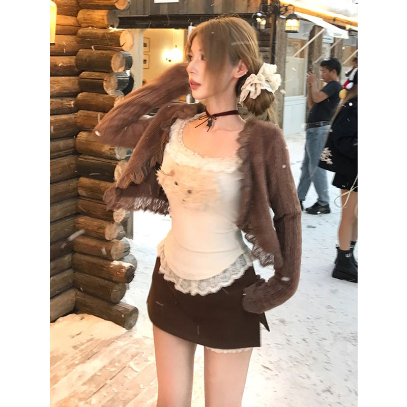 原版品質純欲蕾絲花邊長袖T恤女秋冬內搭高級感收腰上衣