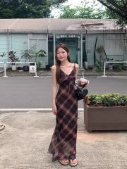 Designer Mesh Dress for Women Summer Sexy Bodice-Retaining Retro Striped Camisole Dress A-Line Long Dress