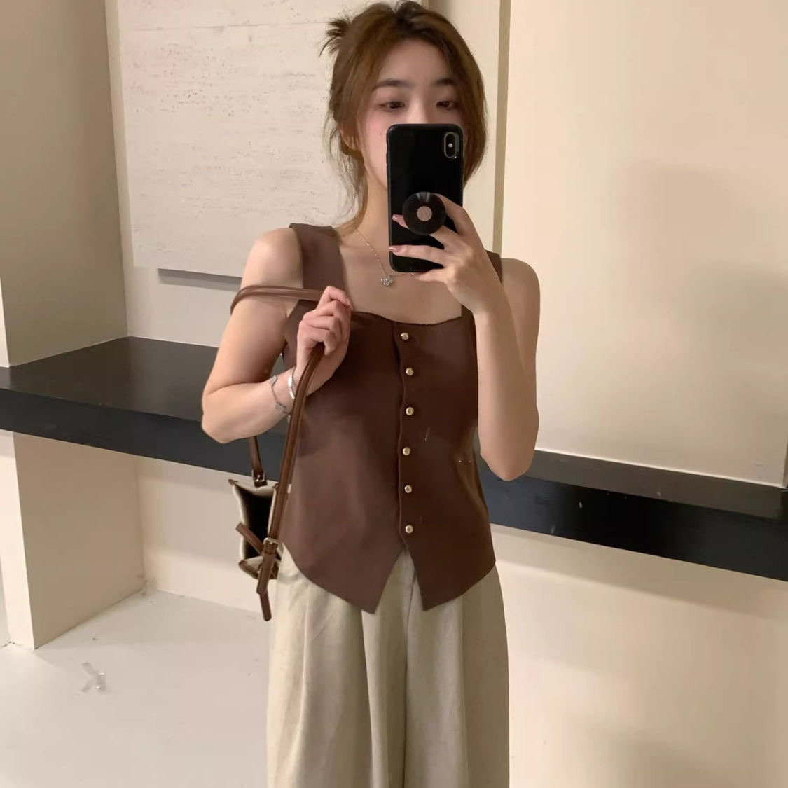 French square collar knitted suspender vest women's inner wear design niche short base top sleeveless slim fit
