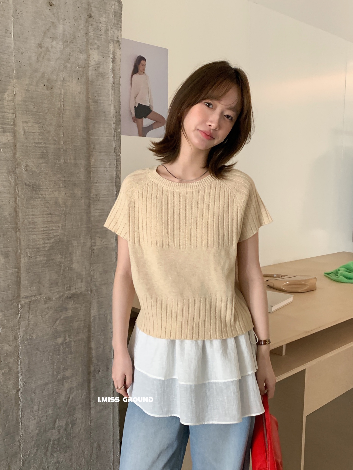 春季2025新款韓系簡約顯瘦圓領插肩袖針織衫短袖上衣女
