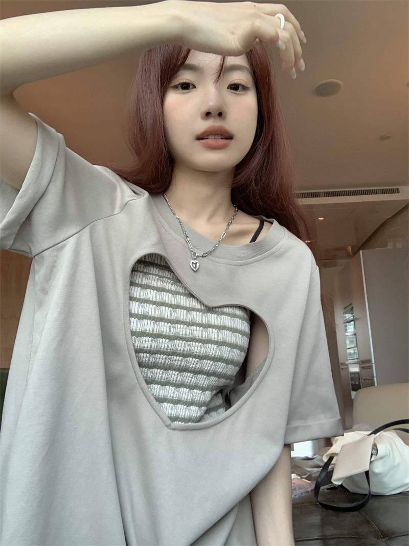 Pure cotton 210g combed tightly + 240 catties back cover collar large size love hollow French T-shirt