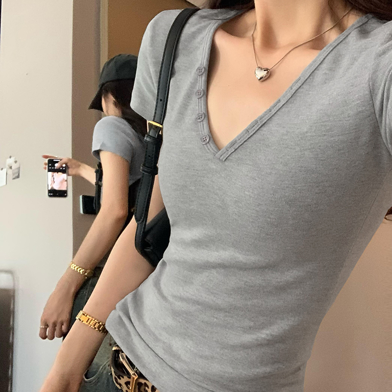 Real photos Korean high-end slim button V-neck front shoulder short-sleeved T-shirt for women 2025 summer new slim top