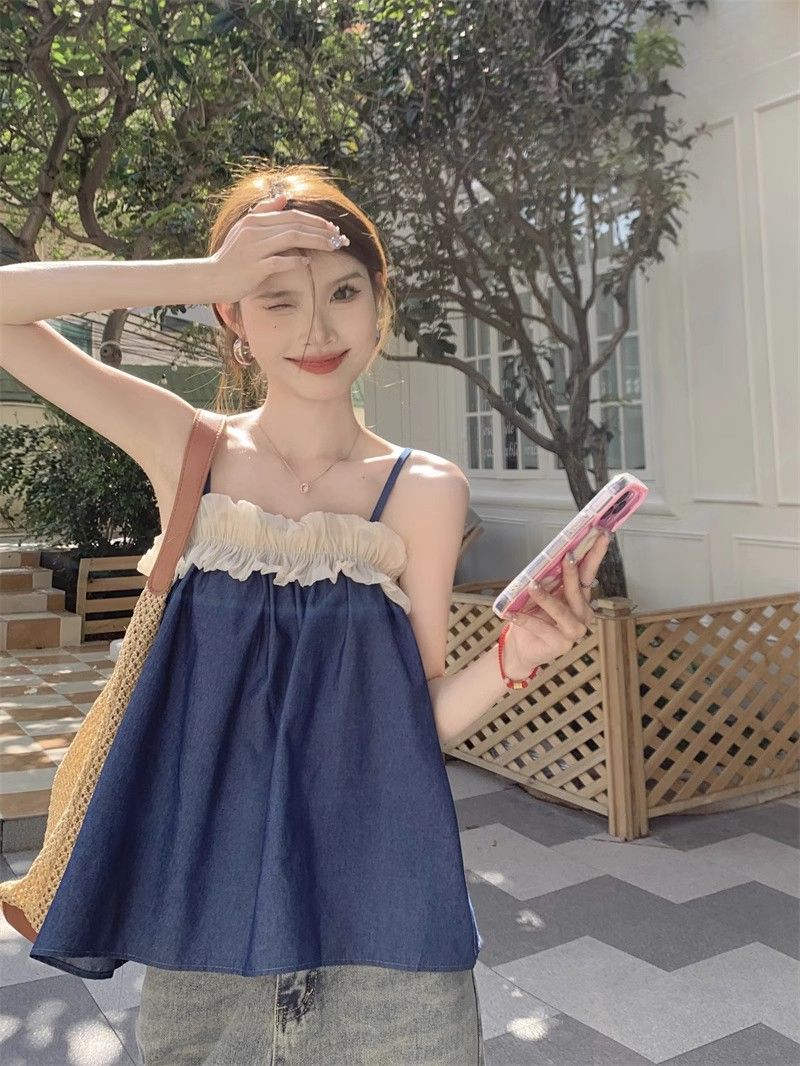 Tmall quality French versatile small suspenders for women in summer 2025 new style chiffon spliced ​​ruffle top