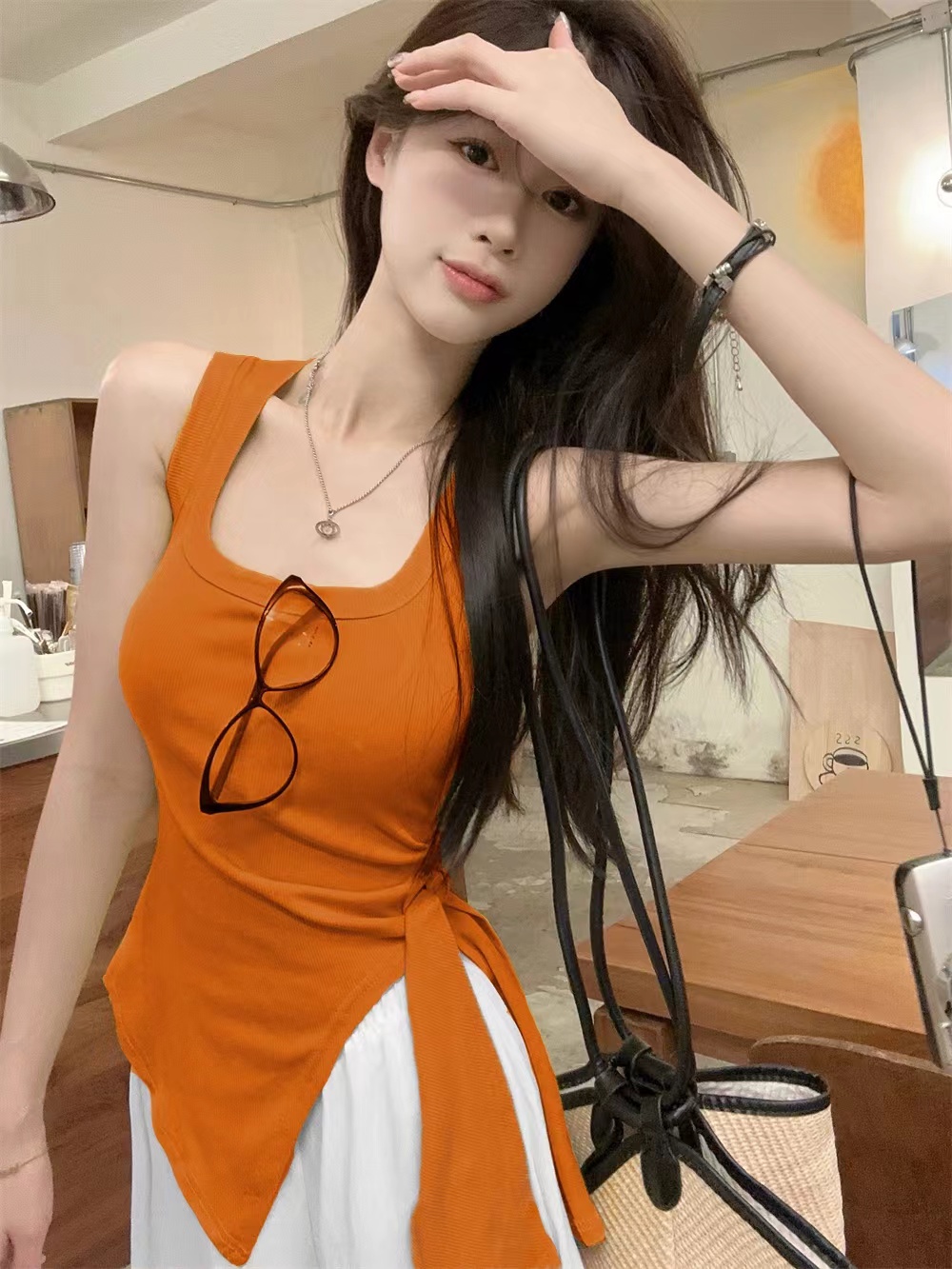 下擺不規則人棉背心純欲風無袖方領設計感小眾女夏綁帶開叉上衣