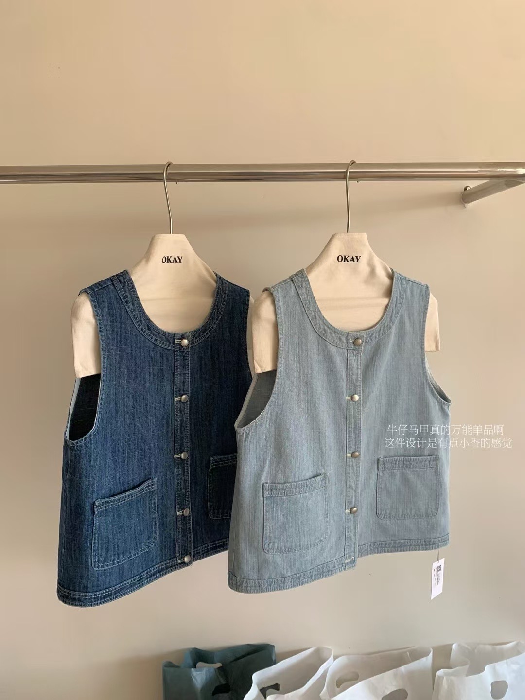 Real shot ~ Korean style new round neck retro loose-fitting outerwear denim vest waistcoat short jacket/cardigan