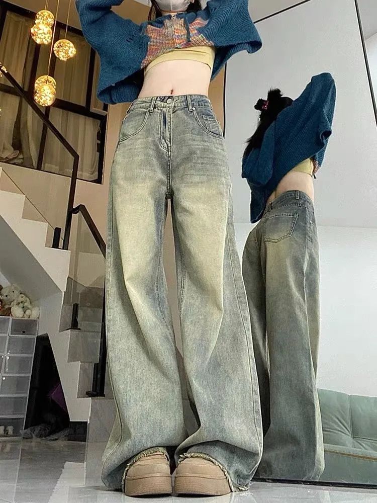 美式復古做舊闊腿牛仔褲女2025新款高腰寬鬆毛邊拖地直筒褲子潮