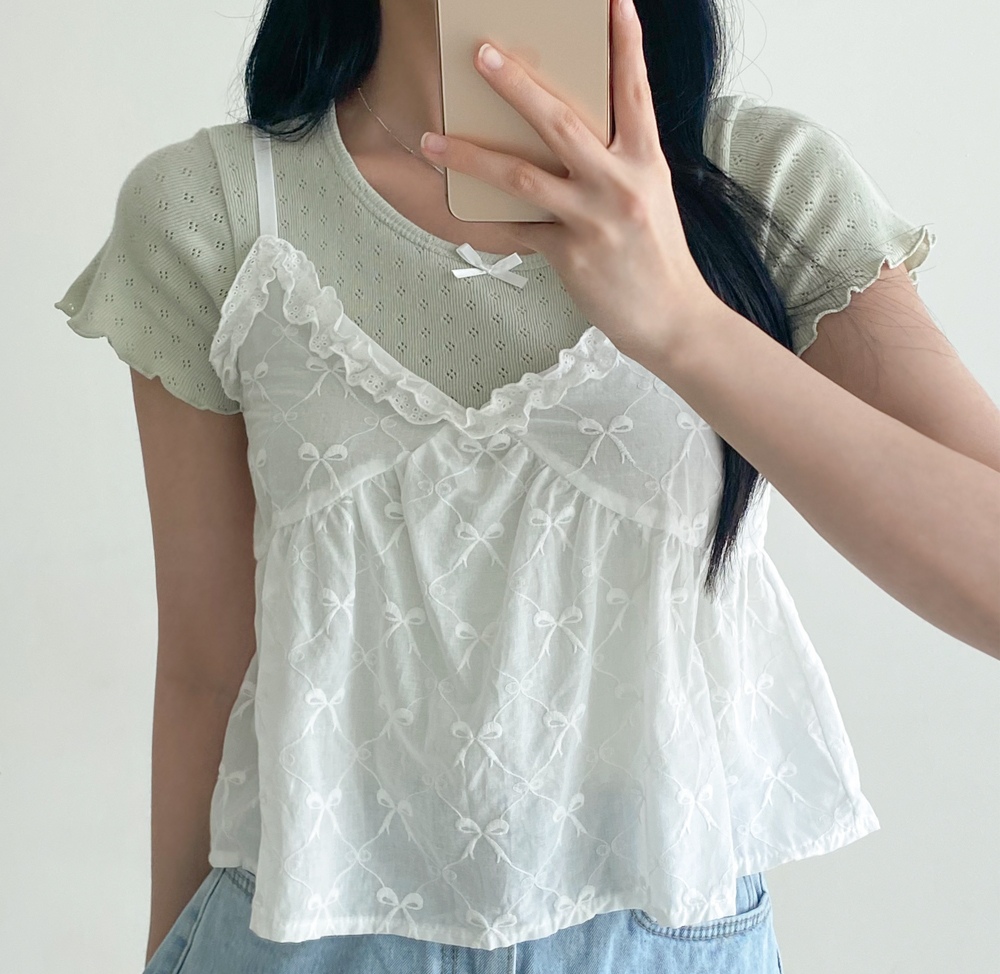網紅背心女夏外穿法式清新甜美蝴蝶結V領木耳邊疊穿吊帶上衣