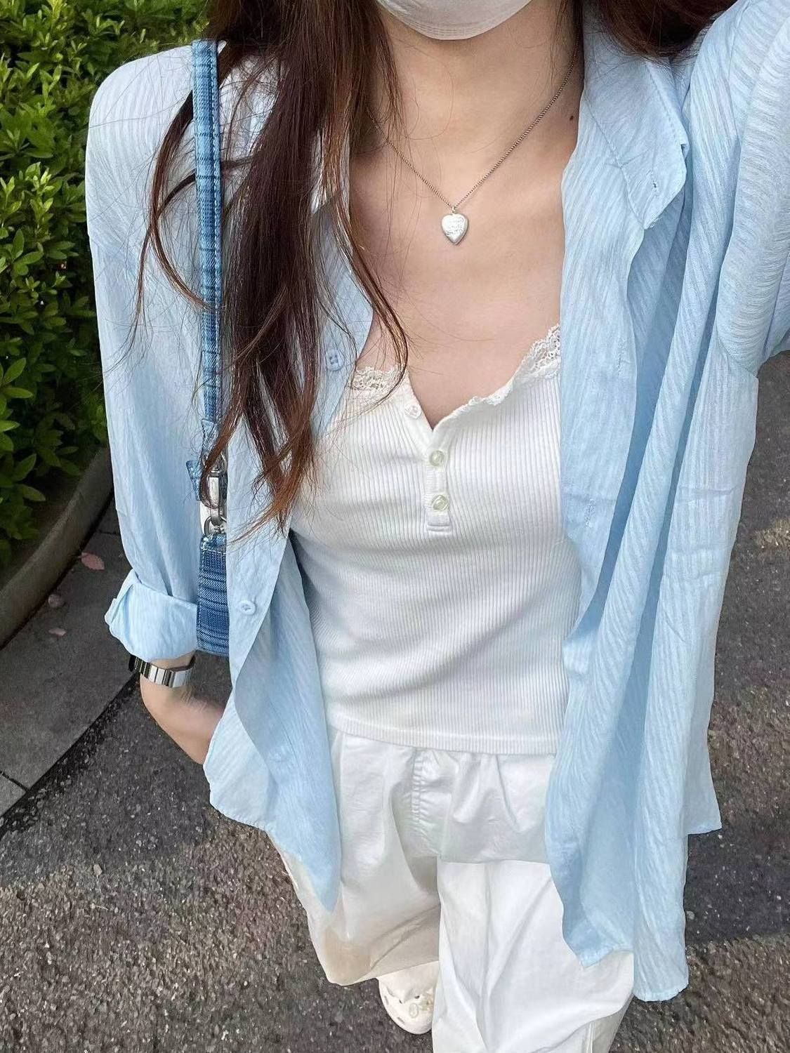 原面料藍色冰絲防曬衣長袖襯衫女夏空調衫設計感系帶開衫襯衣