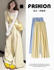 韓系多巴胺波點闊腿褲女春夏新款高腰夏薄款寬鬆拖地褲大碼S-4XL