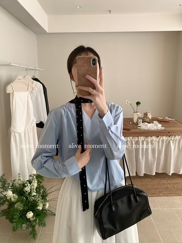 韓系拼色波點飄帶襯衣女通勤百搭設計感小眾V領上衣藍色襯衫長袖
