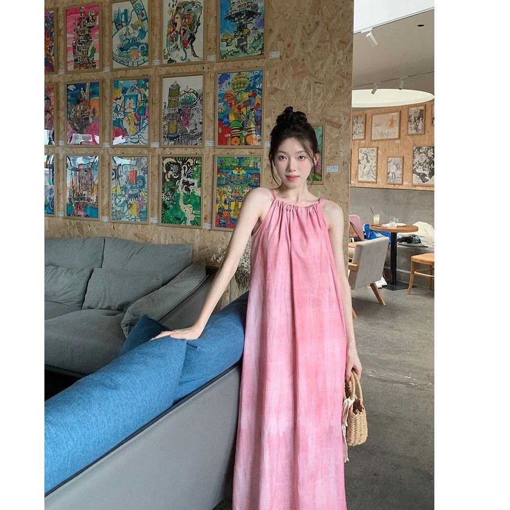 Pink suspender long skirt women's summer new style beach vacation beach dress design niche skirt