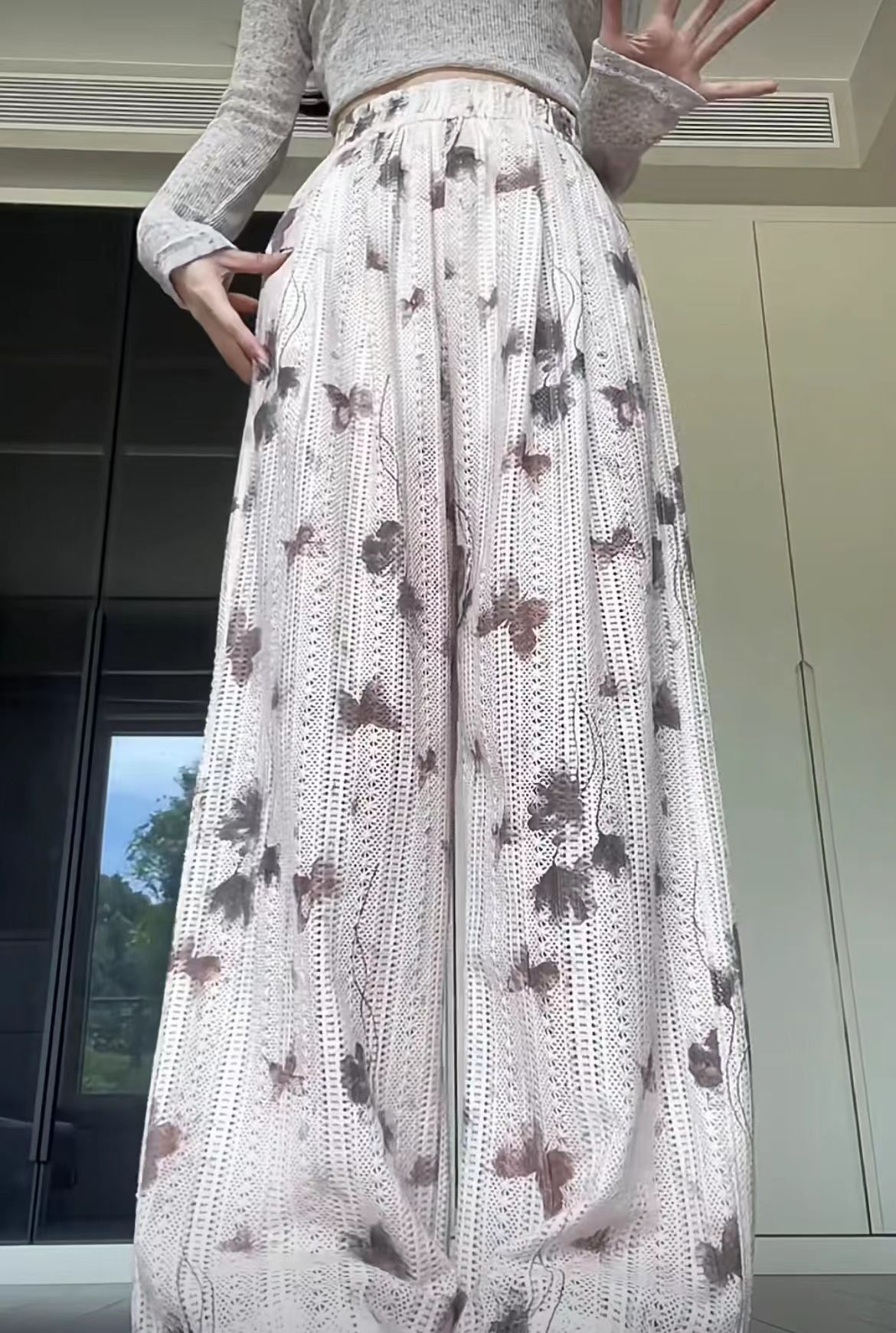 Butterfly wide-leg pants for women in summer thin 2025 new printed straight-tube lazy narrow version floor pants
