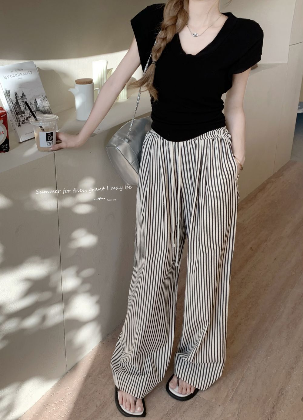 Real photos of three-standard loose and lazy casual striped wide-leg pants for women