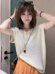 圓領砍肩鏤空冰絲薄款針織衫女夏季新款顯瘦百搭慵懶風上衣潮