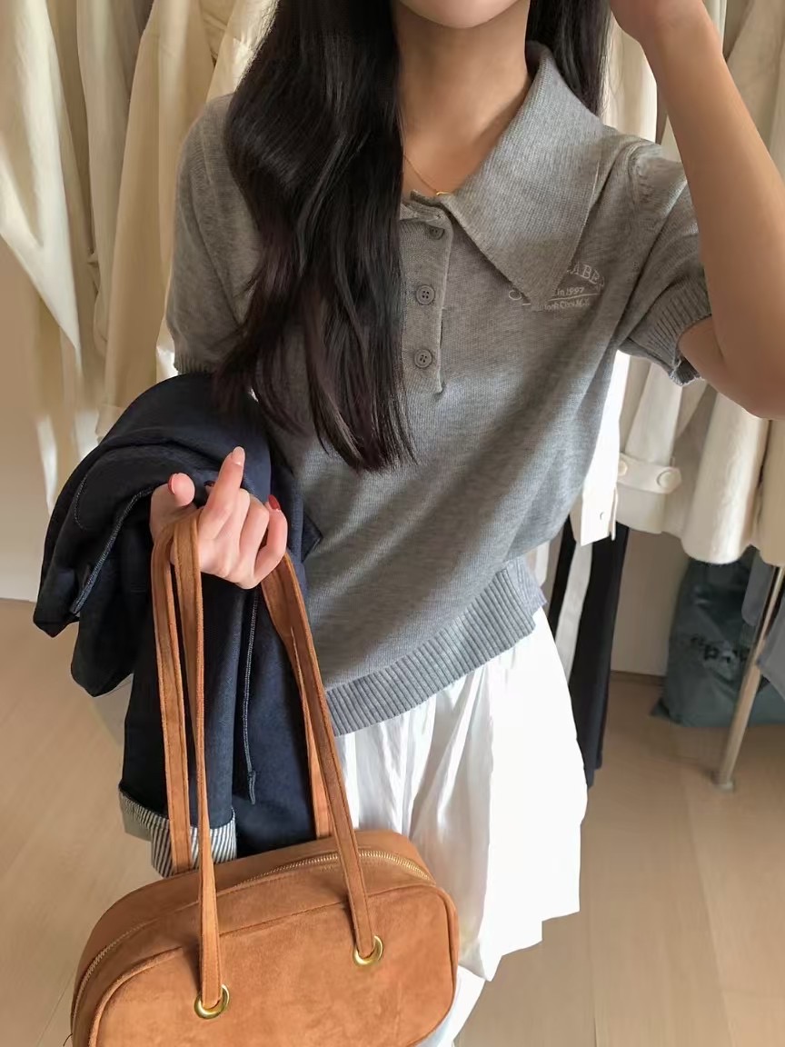 實拍～韓系字母刺繡polo領針織短袖t