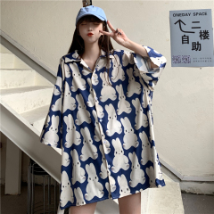 Real shot of 100% polyester fiber cartoon rabbit cute shirt for women loose large size