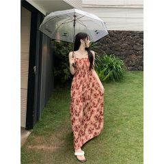 Rose floral pleated suspender dress for women in summer new French waist-hugging long skirt to make the celebrity temperament