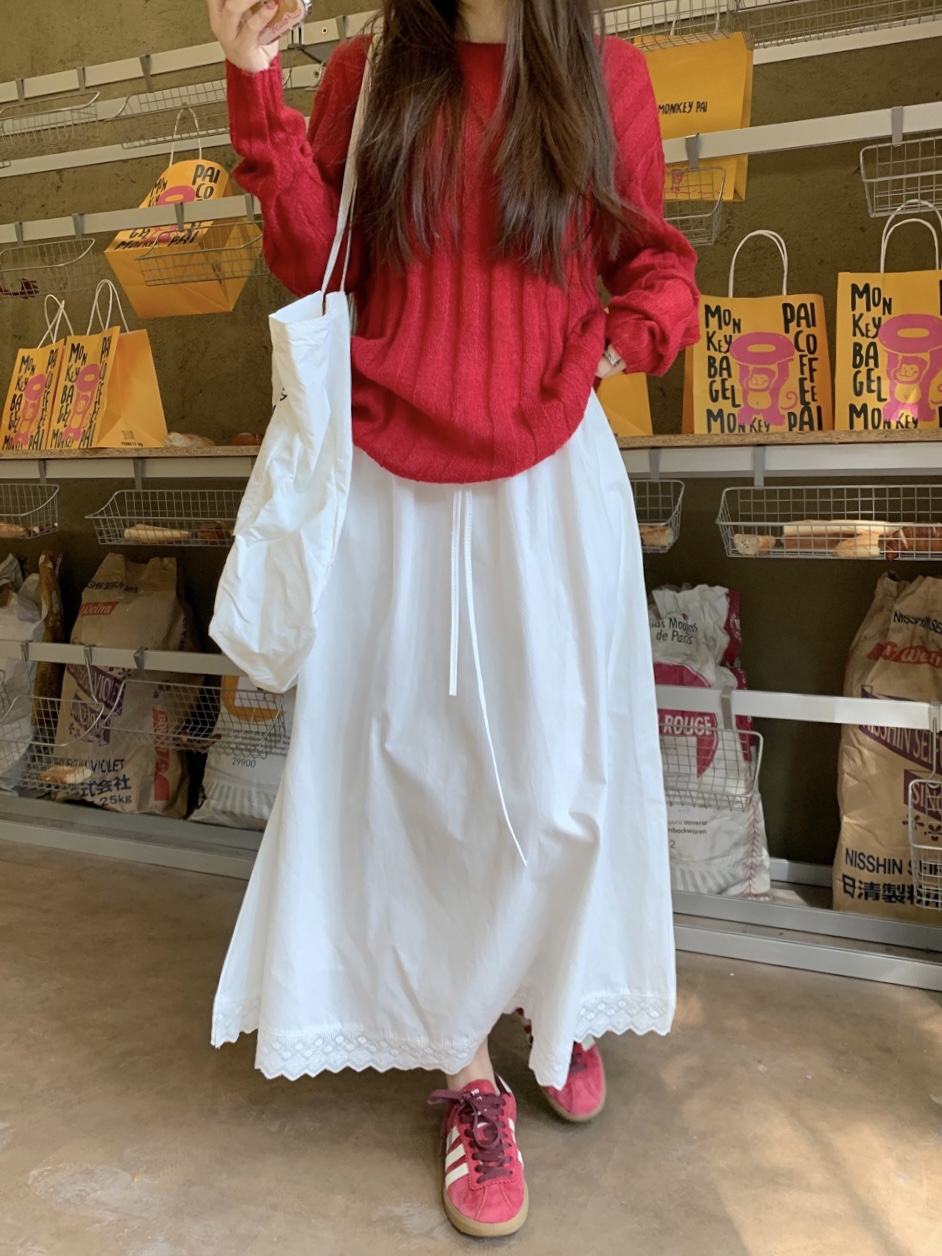 Real shot of the new Korean version with sweet lace lace spliced ​​cotton linen high waist casual pocket skirt