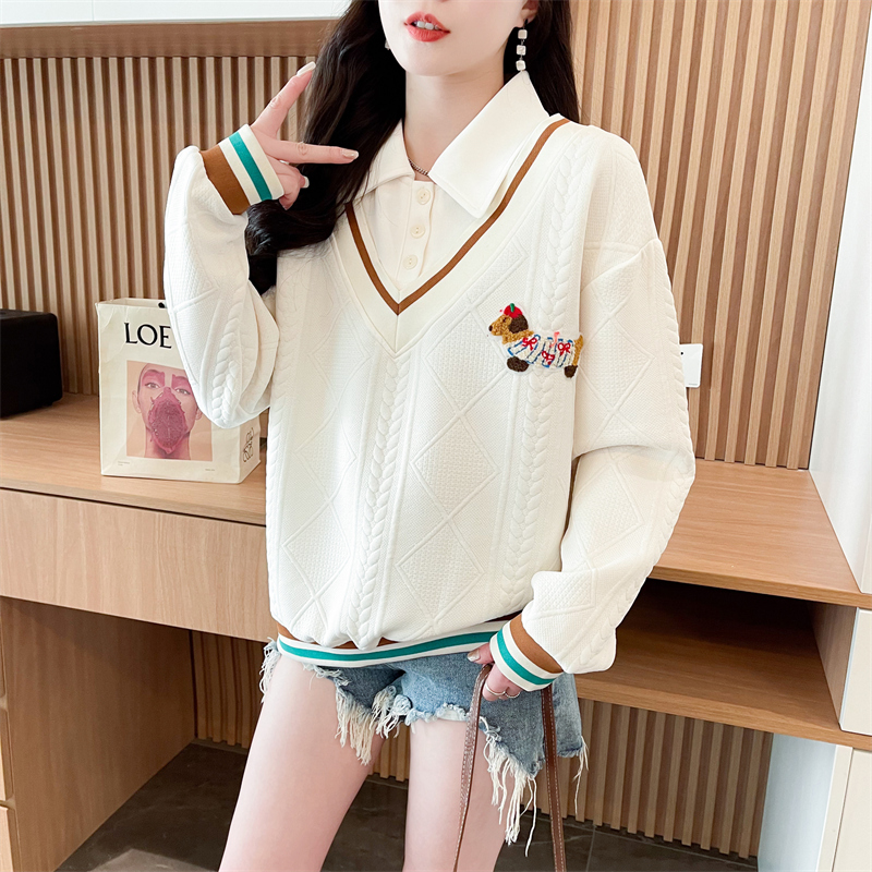 Real shot original jacquard fake two-piece large-size women's spring and autumn thin long-sleeved sweatshirt women's loose design top