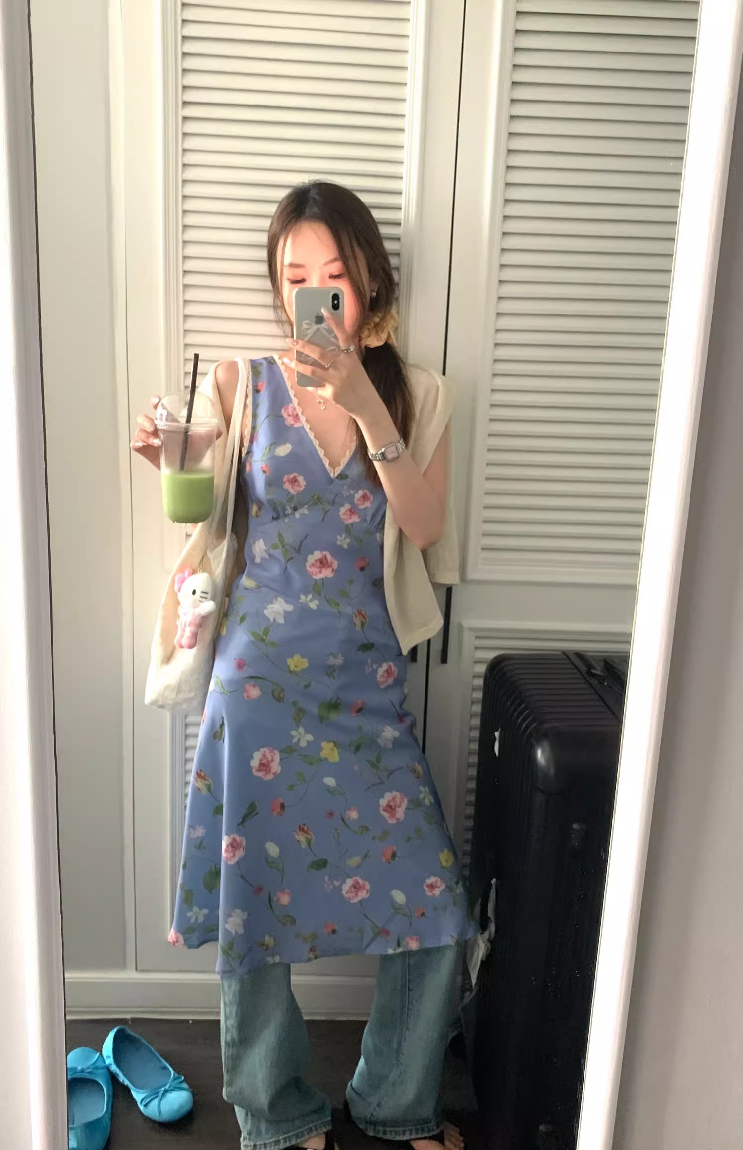 韓系花朵印花V領背心連衣裙女夏氣質收腰裙子
