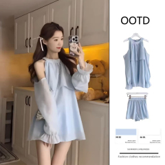 藍莓子醬韓系夏季2025年氛圍感露肩長袖襯衫+氣質短褲套裝