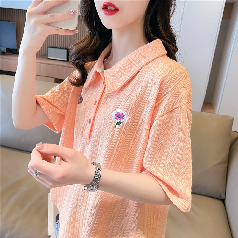 First release real-life polyester jacquard T-shirt OP collar summer large size loose versatile top for women