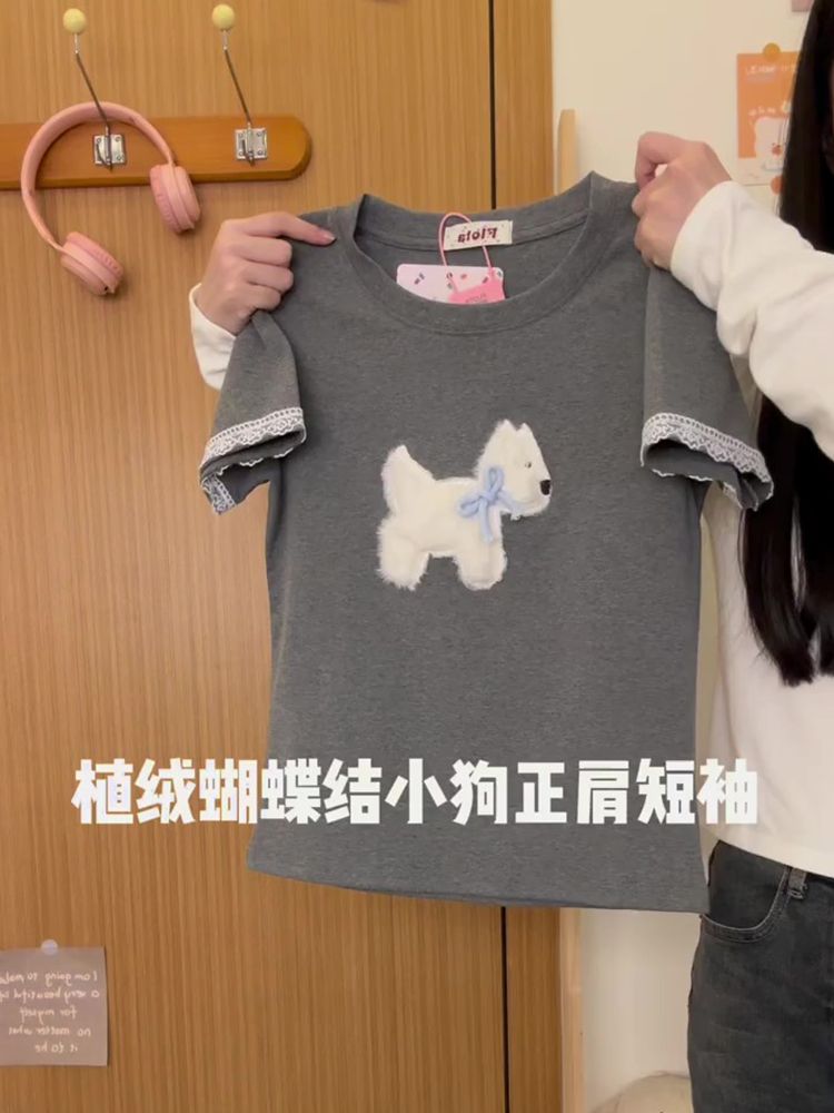 原版做工 刺繡 40支精棉1×1螺紋 蕾絲拼接短袖T恤女