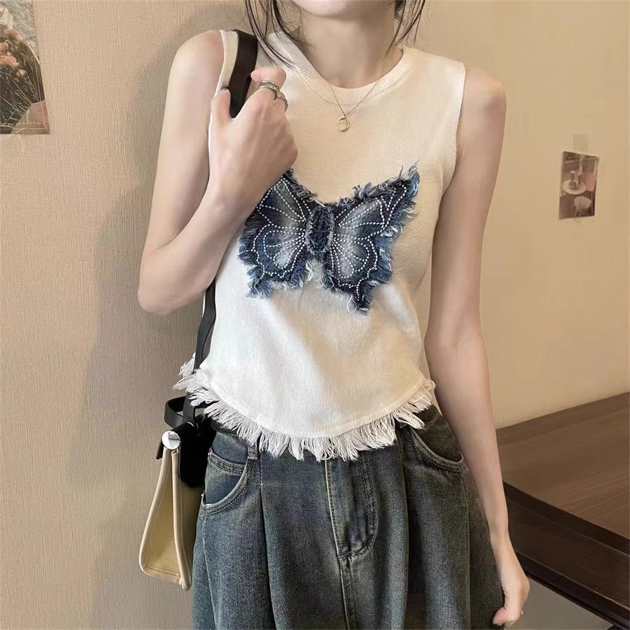 天貓質量蝴蝶刺繡流蘇針織背心女辣妹夏季高腰露臍短款上衣潮