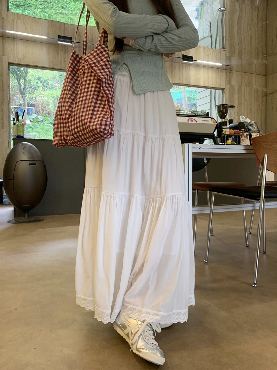 Real shot of new soft style sweet lace spliced ​​white high-waisted casual slim cake A-line skirt