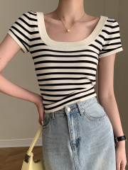 JWUNIQUE black and white striped knitted short-sleeved T-shirt for women in summer new women's clothing 2025 waist shirt U-neck top