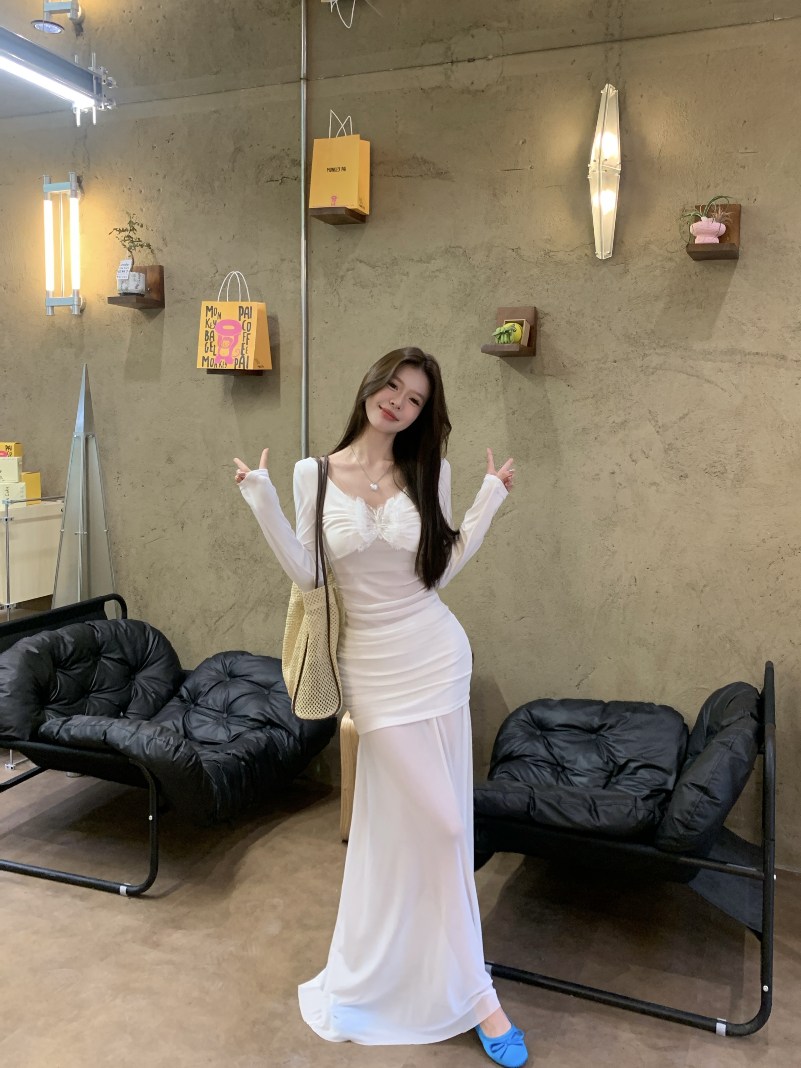 Real shot, pure and unique butterfly embroidered mesh T+ high waisted long skirt