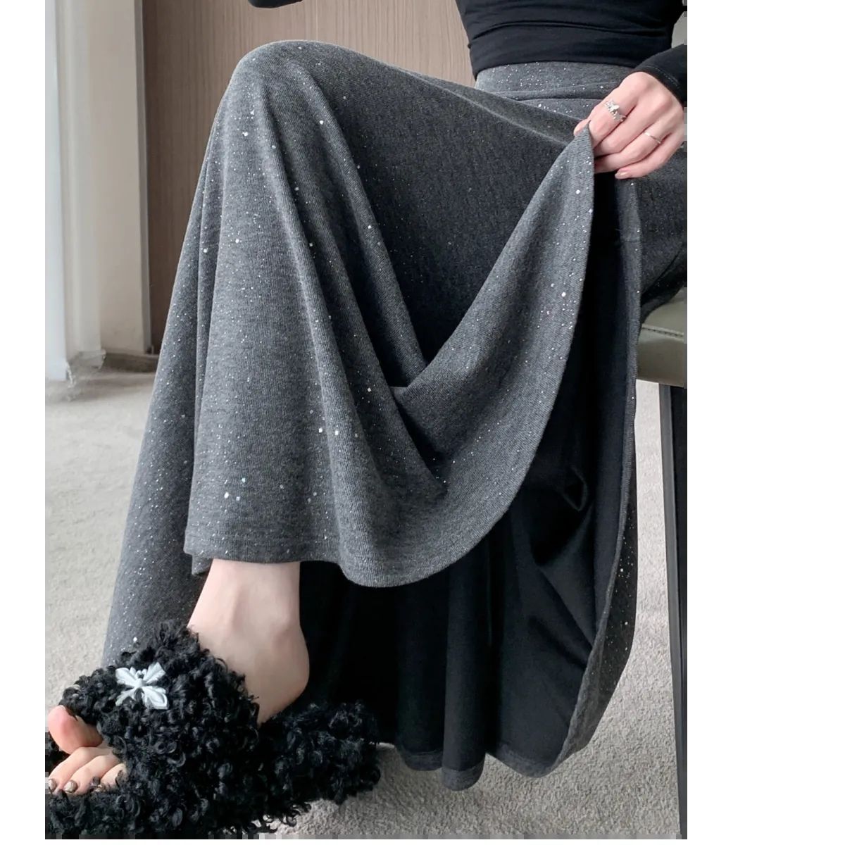 Korean Version Heavy Industrial Glitter Semi-Skirt for Women Autumn Rice Glittering Medium-Length Dress High-Waisted Drooping Feel Large Umbrella Skirt for Women