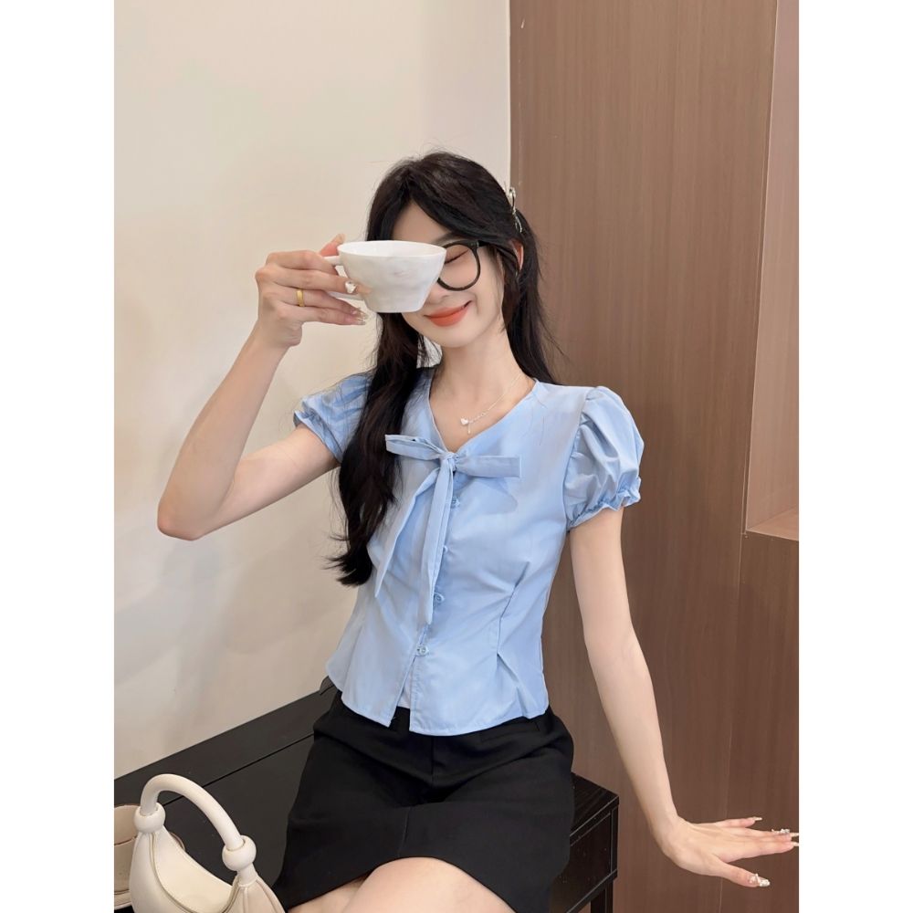 Korean sweet bow puff sleeve V-neck short-sleeved shirt for women in summer new design niche versatile top