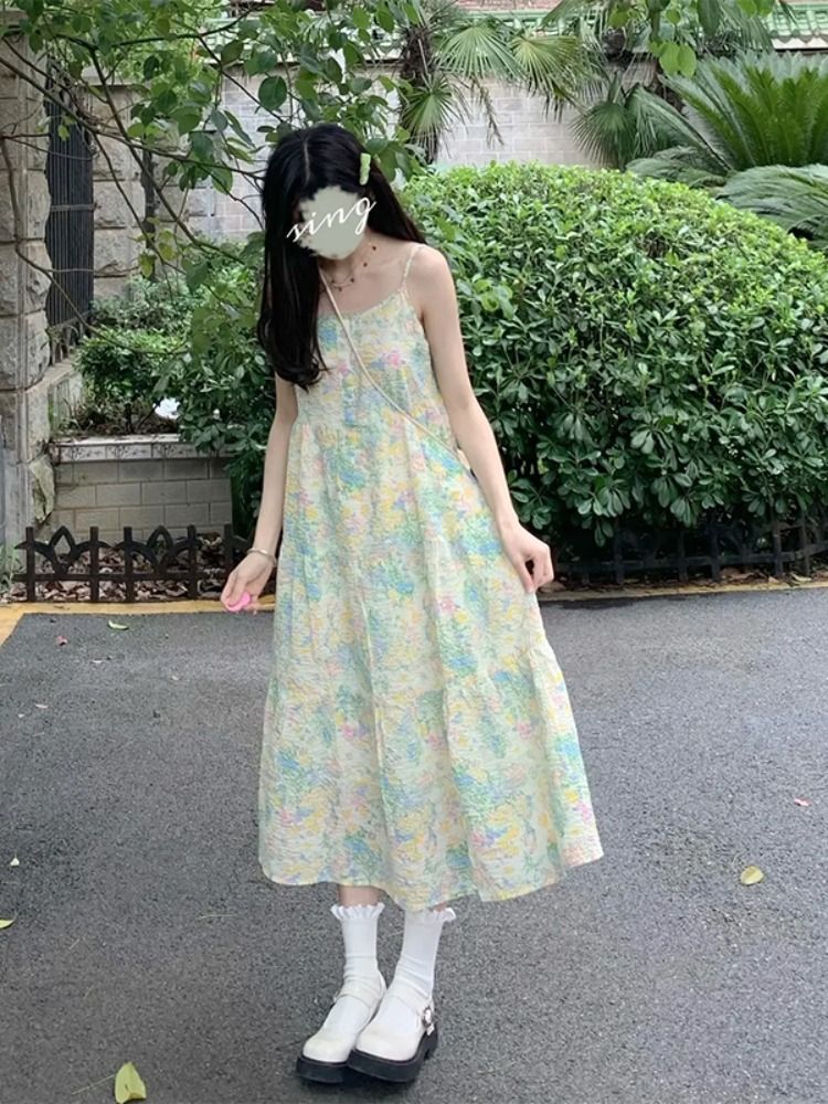Floral suspender dress for women in summer mint mambo style beach vest long skirt