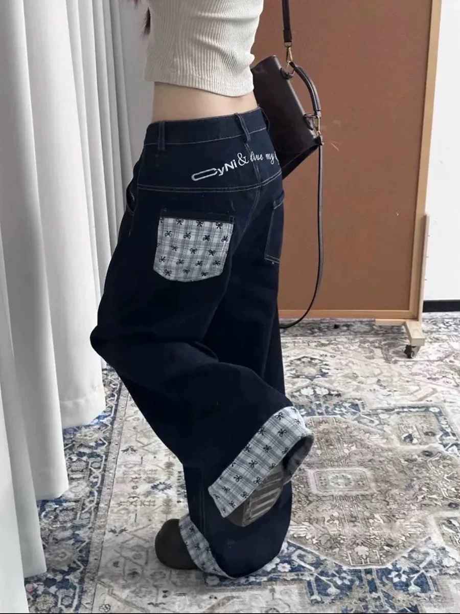 美式高街設計感格子拼接牛仔褲女2025春季新款寬鬆直筒闊腿拖地褲