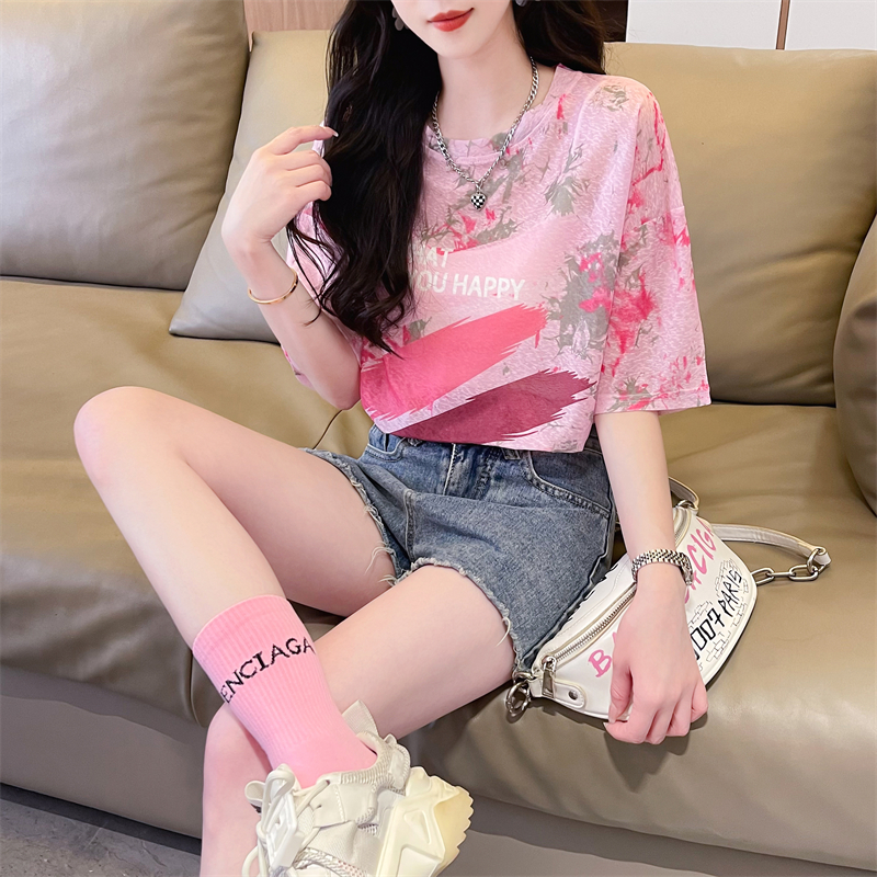 First real shot of Nano Ice Silk Tie Dye Print 100 Polyester New Top Loose Short Sleeve T-Shirt for Women