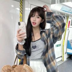 美式復古撞色格子防曬襯衫長袖寬鬆顯瘦翻領襯衣外套洋氣外穿