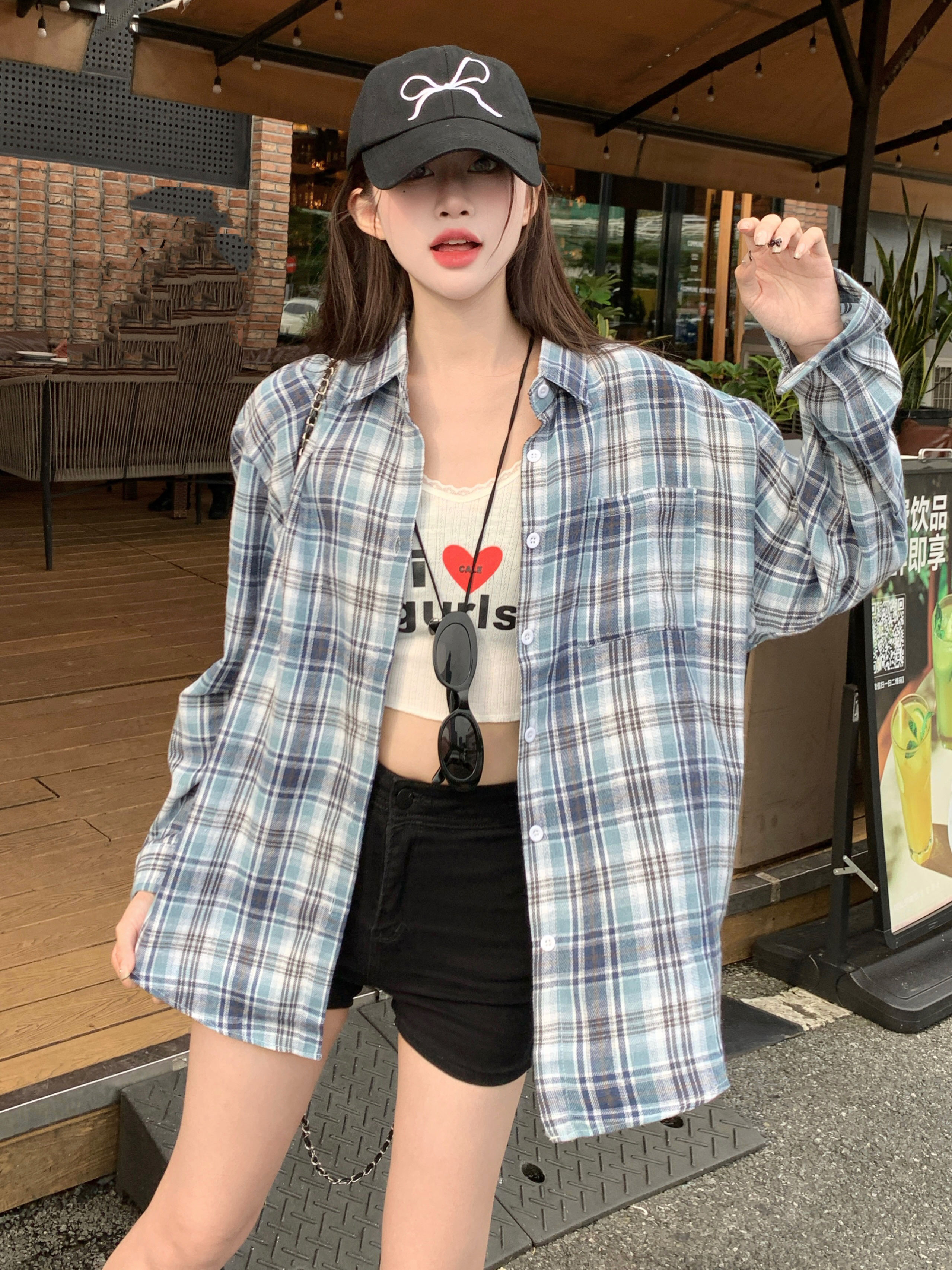實拍辣妹復古格紋長袖襯衫女春秋純欲慵懶風寬鬆休閒格子襯衣上衣